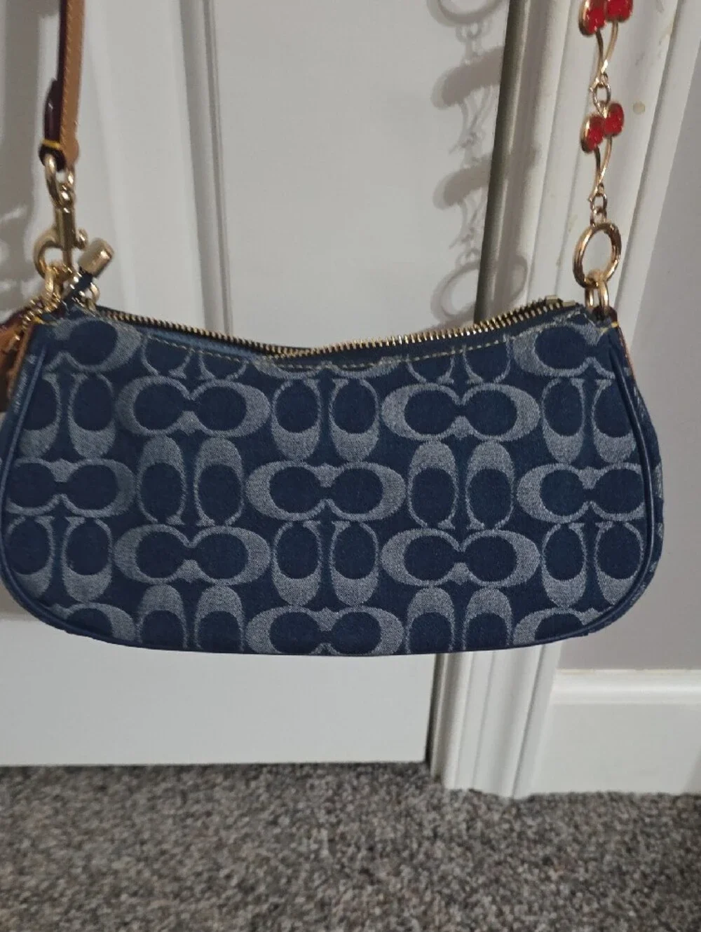 Coach Navy Signature Denim Crossbody with Tan Leather Trim